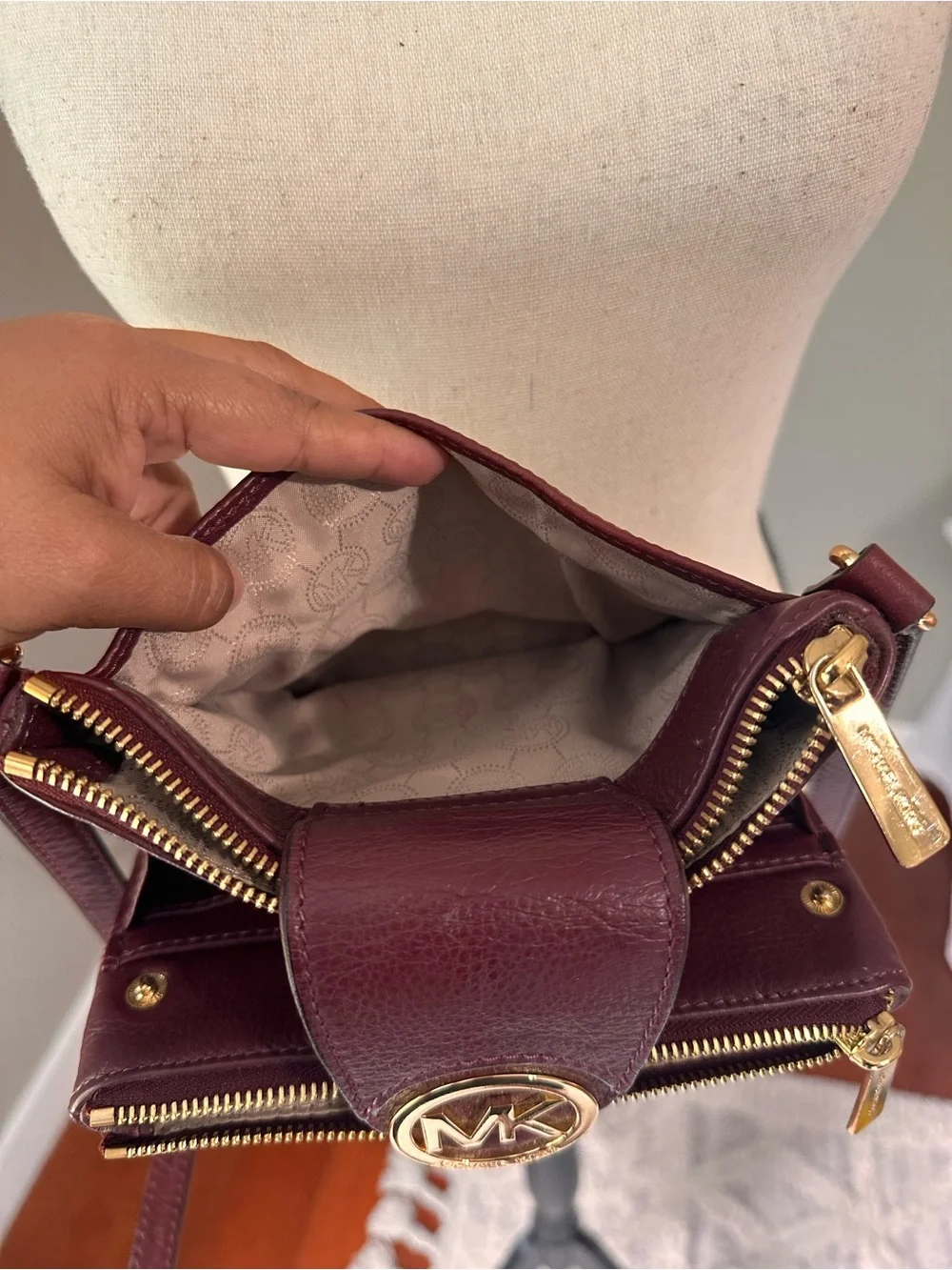 Michael Kors Merlot Pebbled Leather Crossbody with Gold MK Logo